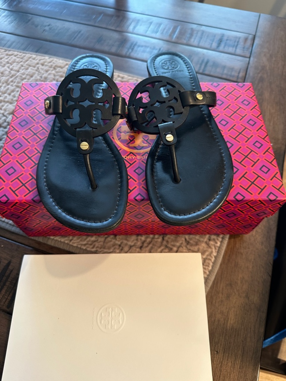 Tory Burch Black Leather Miller Logo Thong Sandals with Gold Studs